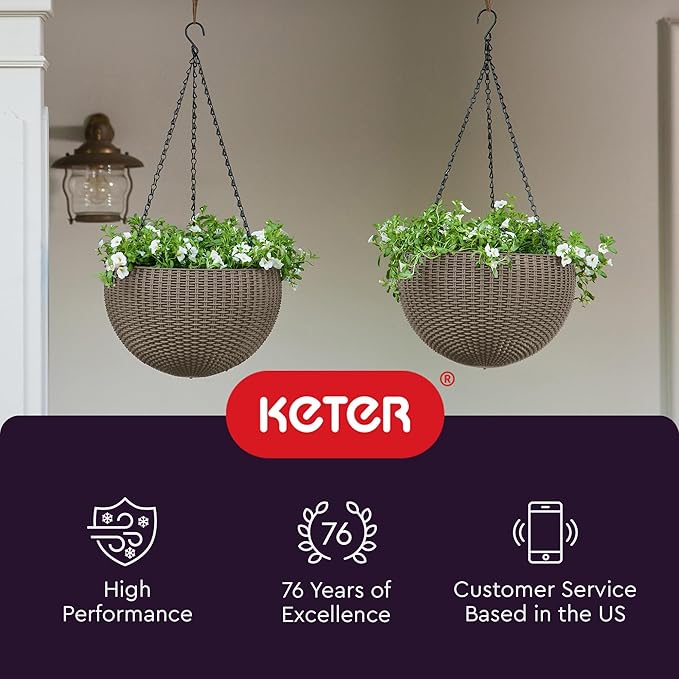 Keter Resin Rattan Set of 2 Round Hanging Planter Baskets for Indoor and Outdoor Plants-Perfect for Porches and Patio Decor, Cappuccino