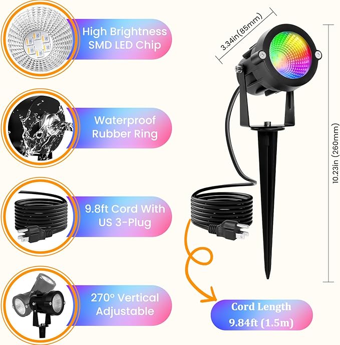 RGBW Multicolor Spotlight Outdoor: 16 Color Changing Landscape Lighting with Remotes 120V Plug in Waterproof Holiday LED Spot Light for Yard Garden Tree Bush Path Lawn Décor, 2 Pack (RGB + Warm Light)