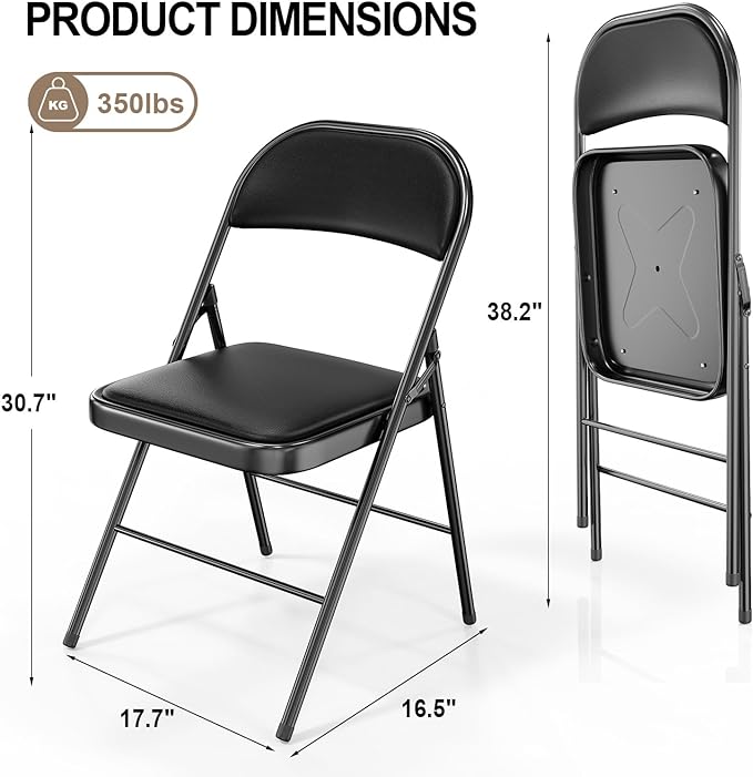 VINGLI 8 Pack Folding Chairs with Padded Seats, Metal Frame with Pu Leather Seat & Back, Capacity 350 lbs, Black