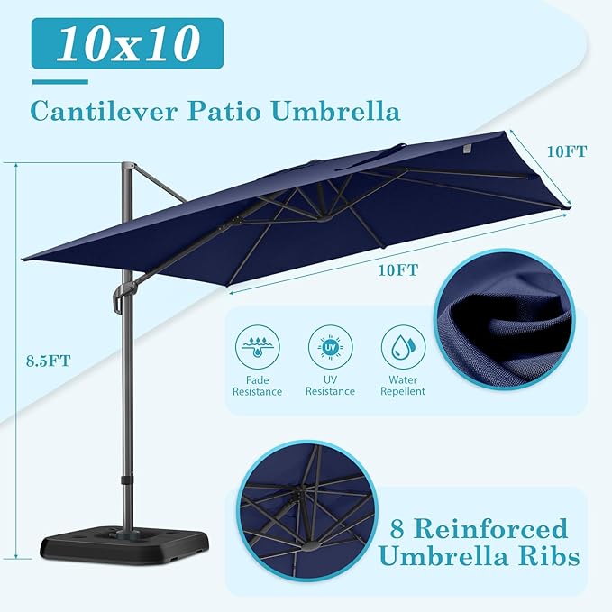 HOTEEL10x10ft Patio Umbrella Cantilever Umbrellas - Upgrade and Intensify - 360 Rotation and 5 Angles Adjustment - Aluminum Offset Pool Umbrella Outdoor Umbrellas for Patio Garden Pool