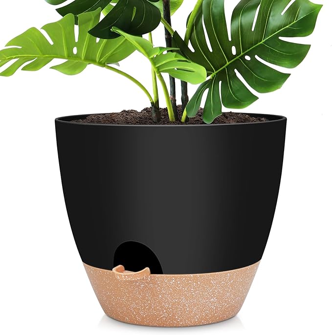 12 inch Large Self Watering Plant Pots, Flower Pots Planters with Multi Mesh Drainage Holes for Indoor Outdoor Garden Plants and Flowers.（Black）