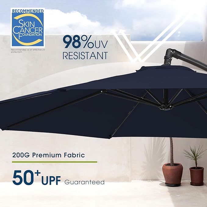 wikiwiki 10ft Patio Umbrella with Base Included, Outdoor Offset Cantilever Umbrella with Sandbag Base for Backyard, Garden and Pool, Easy to Tilt and Crank, Navy Blue