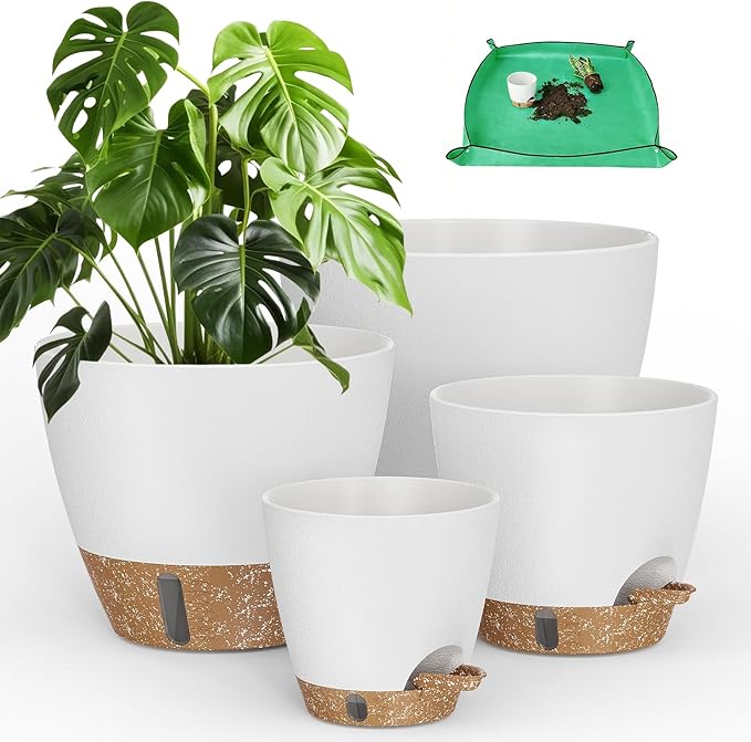 Plant Pots, 12" 10" 6" 8" Inch Self Watering Pots with Water Level Indicator, Set of 5 Flower Pots Indoor with Drainage Holes, Modern Planters for Indoor Outdoor Plants, Room & Office Décor