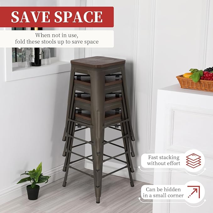 FDW Metal Bar Stools Set of 4 Counter Height Bar Stools 24 Inches Industrial Bar Chairs Patio Stool Stackable Backless Stool Indoor Outdoor Metal Kitchen Stools Bar Chairs (Bronze with Wood, 24")