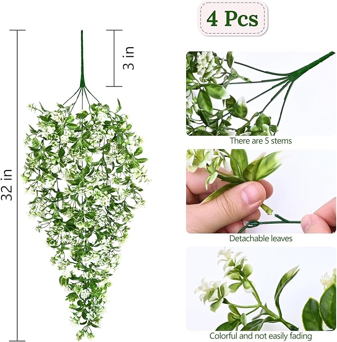 Waipfaru 4pcs Fake Hanging Plants, Artificial Hanging Flowers Faux Ivy Pothos Vines Greenery for Wall Home Bedroom Living Room Aesthetic Kitchen Office Aesthetic Kitchen Indoor Outdoor Decor