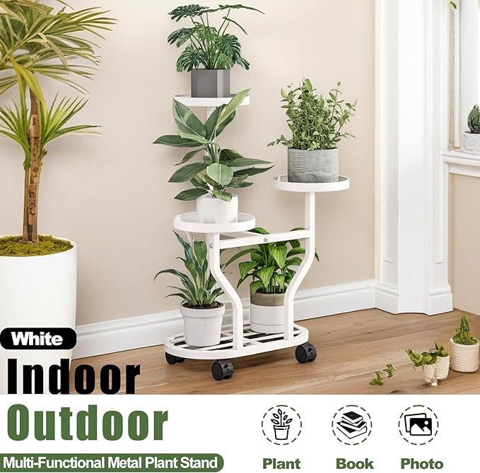 Plant Stand with Wheels 3 Tier Metal Plant Holder Corner Flower Shelf for Multiple Plants Display Rack for Bedroom Living Room Balcony Garden White (White, 3 Tier)