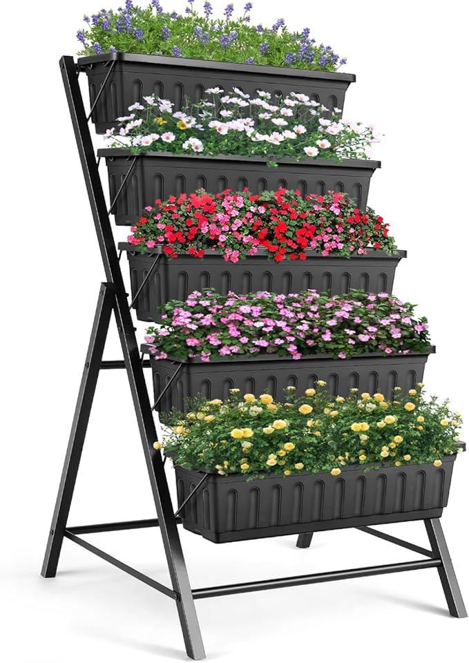 Suyncll Vertical Raised Garden Bed Planter Box,5 Tiers Vertical Garden Planter with Drainage System&4 Hooks for Herb Vegetables Flowers