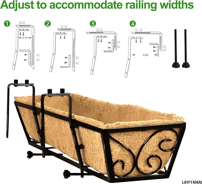 2pcs 24 Inch Window Deck with Coco Liner, 24" Window Boxes Horse Trough with Coconut Coir Liner, Metal Hanging Flower Planter Window Basket Deck Railing Planter Boxes for Outdoor Indoor Lawn