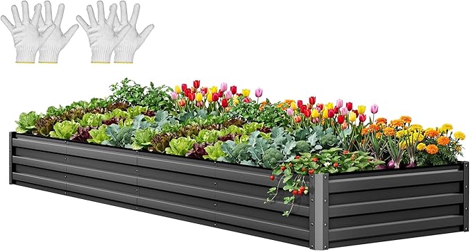 YITAHOME 12x4x1ft Large Raised Garden Bed Kit, Galvanized Metal Planter Box with Gloves, Ground Nails, Support Rod, Outdoor Above Ground Planters for Plants Vegetables Flowers, Black