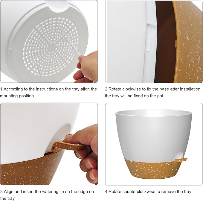 12 Inch Large Self Watering Pots, Flower Pots with Multi-Mesh Drainage Holes and Saucer, Planters for Indoor and Outdoor Garden Plants (White with Brown)