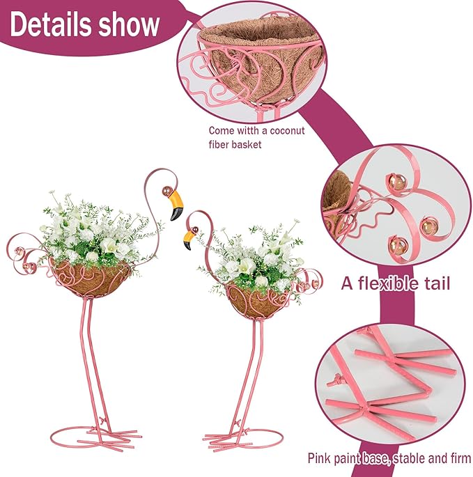Set of 2 Pink Flamingo Outdoor Planters with Basket, Metal Flamingo Planter for Indoor Outdoor Garden Yard Decor