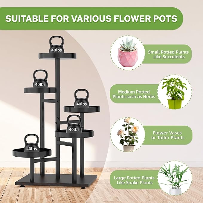 iDavosic.ly 5 Tier Plant Stand Indoor, Tiered Corner Metal Wood Multiple Flower Holder Shelf, Tall Orchid Display Rack for Patio Porch Living Room Balcony Outdoor, Black Walnut