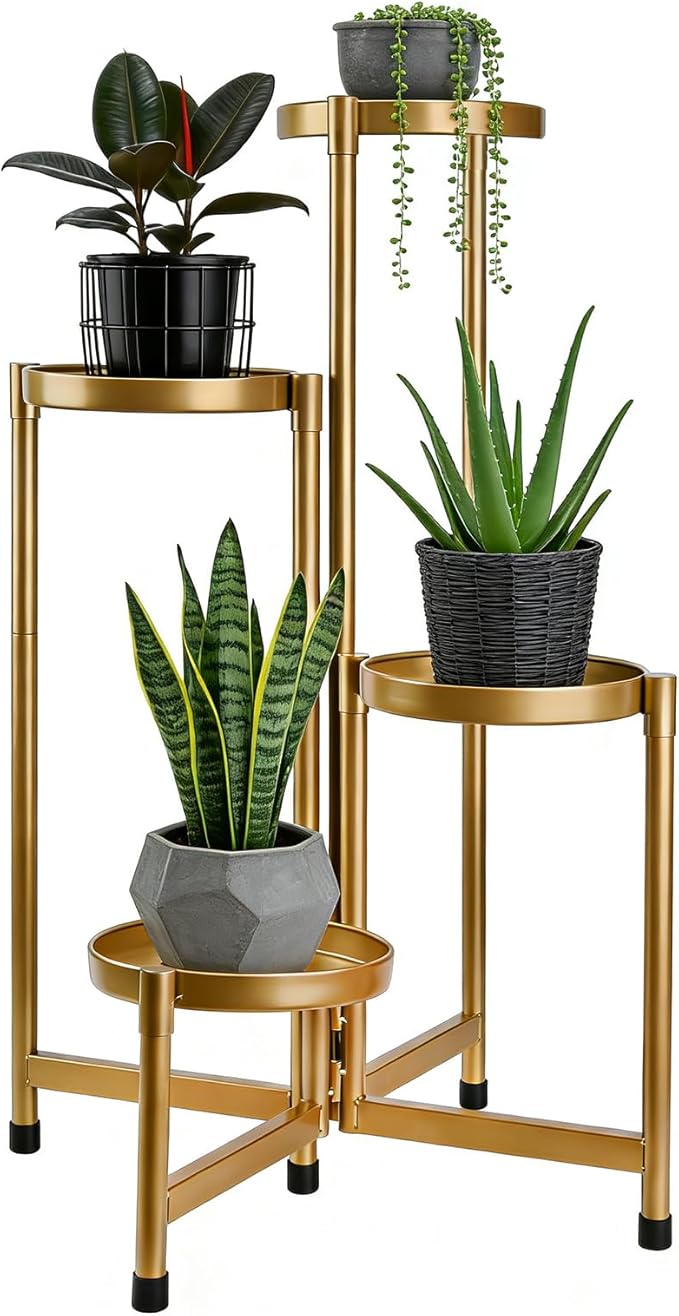 4 Tier 31 Inch Plant Stand Indoor Outdoor, Metal Plant Shelf Waterproof, Plant Holder with Folding Design For Home, Living Room, New Upgrate Gold