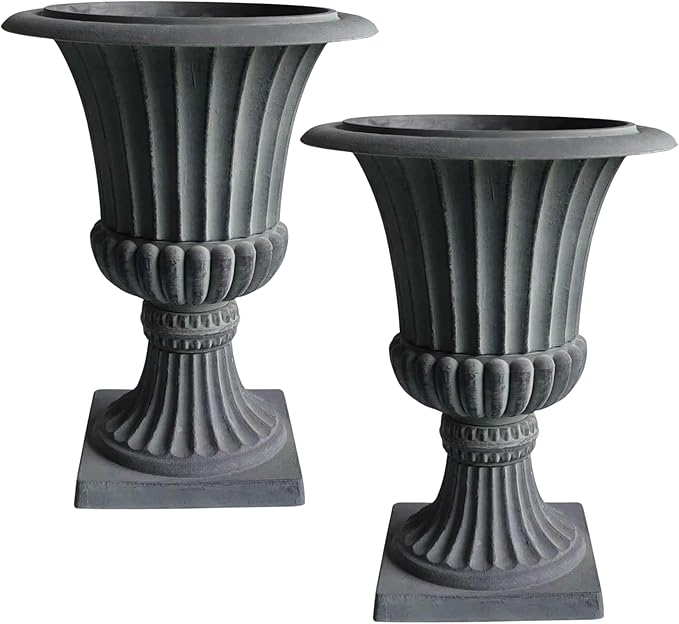 Urn Planters 22", Set of 2, Tall Stone-Resin Pedestal Planters for Outdoor Plants, Large Front Porch Decor, Patio Garden Pots, Outdoor Urns for Entryway, Porch & Deck, Grey Plant Pot