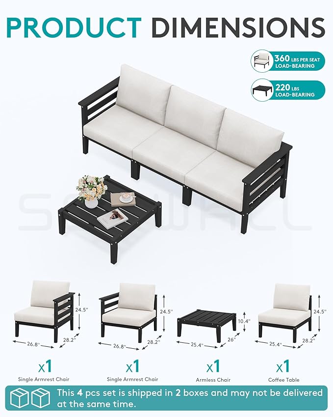 SERWALL HDPE Outdoor Furniture Set, 4 Pieces Patio Sectional Sofa Set, All-Weather Wood-Like Outdoor Sofa with Coffee Table for Deck, Garden, Black Frame with Khaki Cushion
