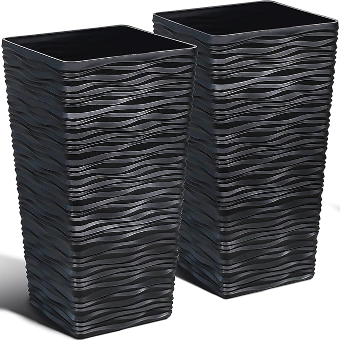 Worth Garden 2-Pack Black Tall Planter - Plastic Square Tapered Tree Plant Pots with Drainage Hole for Indoor Outdoor - 22" H Modern Wavy Finish Decorative Flower Pots for Front Porch Patio Deck