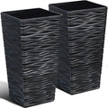 Worth Garden 2-Pack Black Tall Planter - Plastic Square Tapered Tree Plant Pots with Drainage Hole for Indoor Outdoor - 22" H Modern Wavy Finish Decorative Flower Pots for Front Porch Patio Deck