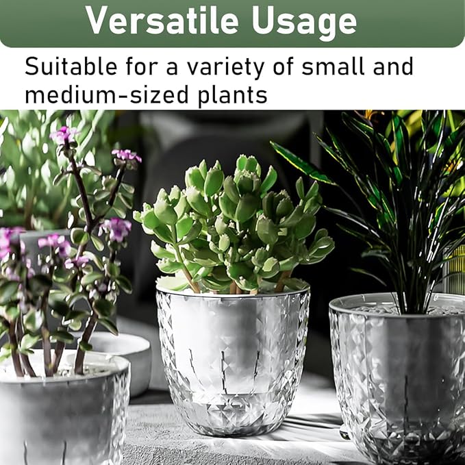 2 Pack 4 inch Self Watering Plants Pots Planters for Indoor Plants, African Violets Pots with Drainage Holes and Tray, Modern Plastic Flower Nursery Pots for Succulents,Herbs,Cactus