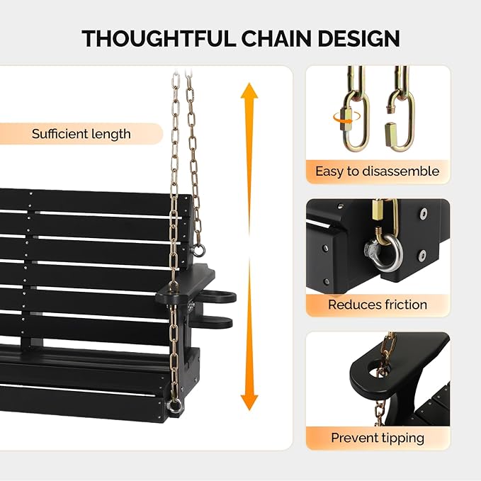 VINGLI Heavy Duty 1600 LBS HDPE Porch Swing Outdoor with Rotatable Cup Holder, 5 FT Patio Bench Swing with Adjustable Chains, 3 Person Hanging Porch Swing Chair for Porch, Yard, Tree, Garden - Black