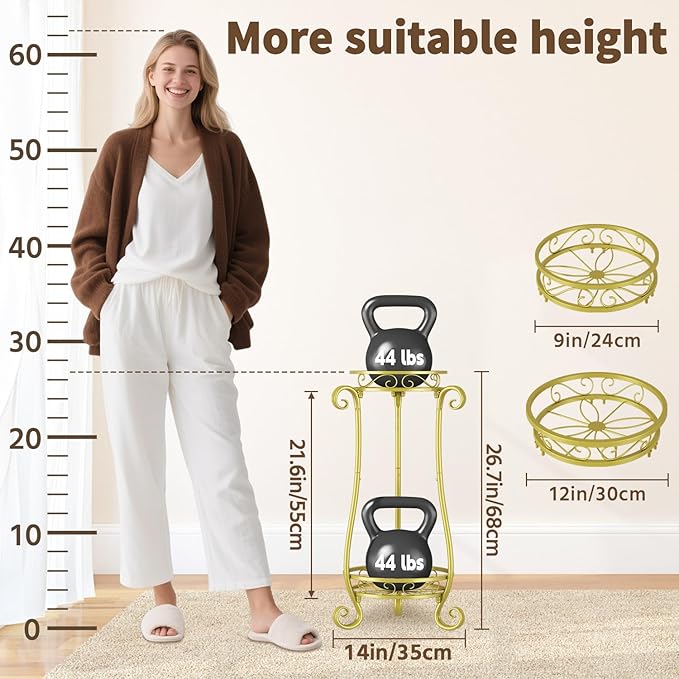 LASZOLA 2 Tier Gold Metal Plant Stand for Multiple Large Planters Indoor Outdoor Organizer, Heavy Duty Tall Flower Stand for Corner Patio Bathroom Office, Modern Sturdy Vertical Iron Rack, Cat Proof