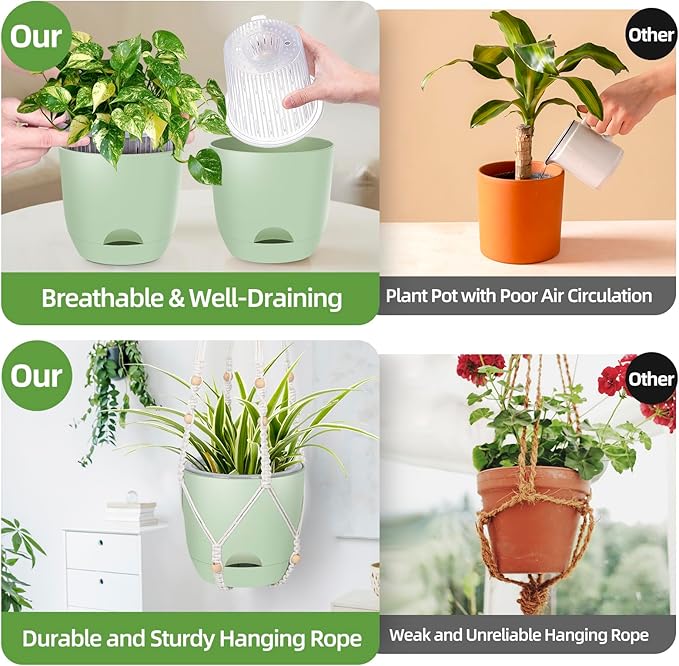 2-Pack 7..1-Inch Self-Watering Hanging Planters for Indoor & Outdoor Plants,34Inch Macrame Hanger Plant Pots Indoor with Drainage,Small Hanging Planters & Baskets,With Two Sets of Hooks（Pure green）