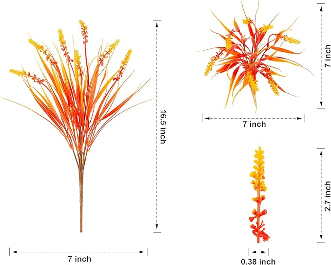 Artificial Fall Fake Outdoor Plants Flowers for Autumn Decoration,10 Bundles Faux Plastic Tall Monkey Grass Greenery UV Resistant Realistic for Home Outside Planter Window Porch Patio Garden (Orange)