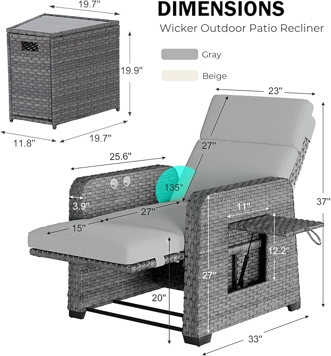 Restland Outdoor Recliner with Independent Adjustable Back & Footrest Wicker Patio Reclining Chair with Flip Table Comfortable Lounge Chair & Thick Cushion for Deck, Porch (3 Piece, Grey)