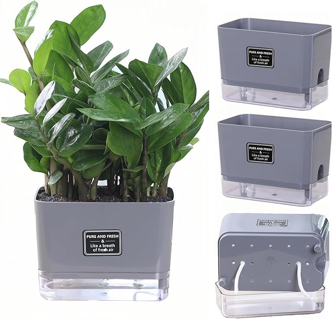 FAMZ Self Watering Pots for Outdoor Plants 4 Pack, Suitable for Indoor and Outdoor Garden Plants and Flowers, Rectangle Planter Box, African Violet Pots, Plant pots, Small Planter (7" Gray)