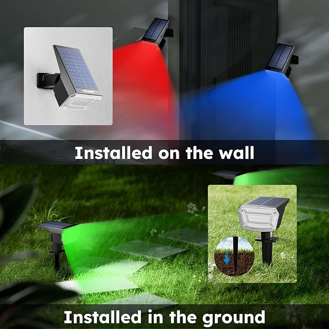 TECKNET Solar Color Changing Lights, 7 Lighting Modes Solar Spot Lights Outdoor Waterproof IP68, 4 Pack Multicolor RGB Outdoor Lights for Garden Yard Landscape Decor (RGB)