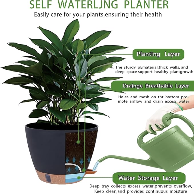 Self-Watering Plant Pots for Indoor Plants: 8/10/12 Inch Large Plastic Planter with Water Level Indicator, Drainage Holes & Deep Reservoir, Modern Decorative Flower Pot (Black)