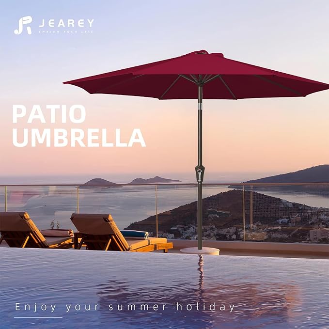 JEAREY 9FT Outdoor Patio Umbrella Outdoor Table Umbrella with Push Button Tilt and Crank, Market Umbrella 8 Sturdy Ribs UV Protection Waterproof for Garden, Deck, Backyard, Pool (Brick Red)