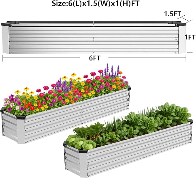 2 Pack 6x1.5x1FT Galvanized Metal Raised Garden Bed Kit for Vegetables, Herbs, Open-Bottom Large Capacity Outdoor Planter Box Gardening Stakes, Silver