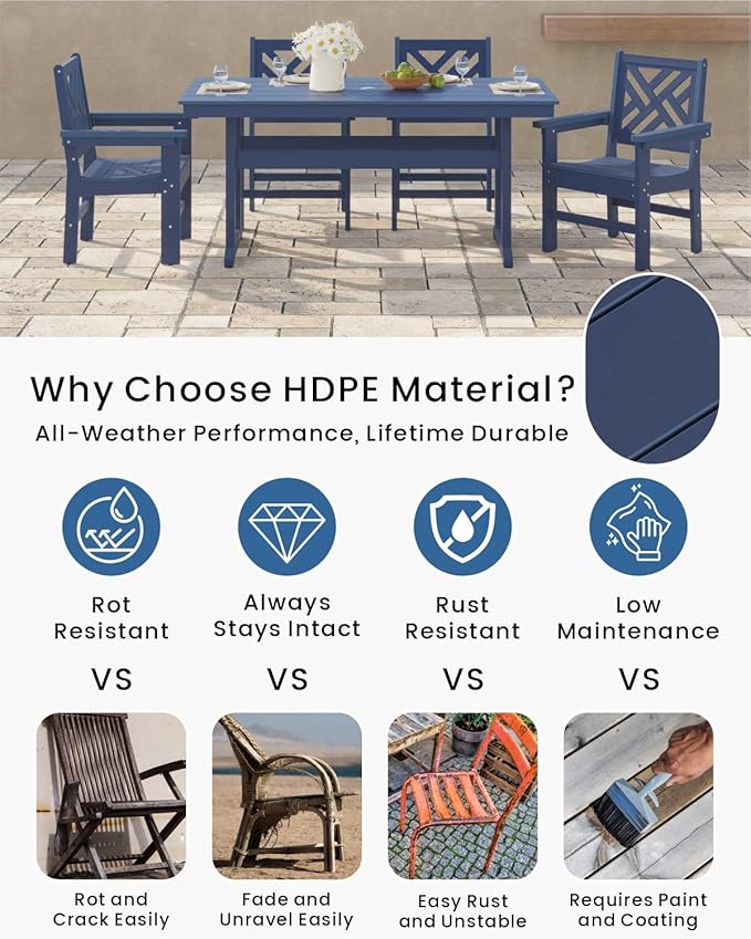 5-Piece Outdoor Dining Set, HDPE All-Weather Patio Table and Chairs Set for 4, Outdoor Patio Furniture Sets with Umbrella Hole for Outside, Deck, Backyard, Garden (Navy Blue)