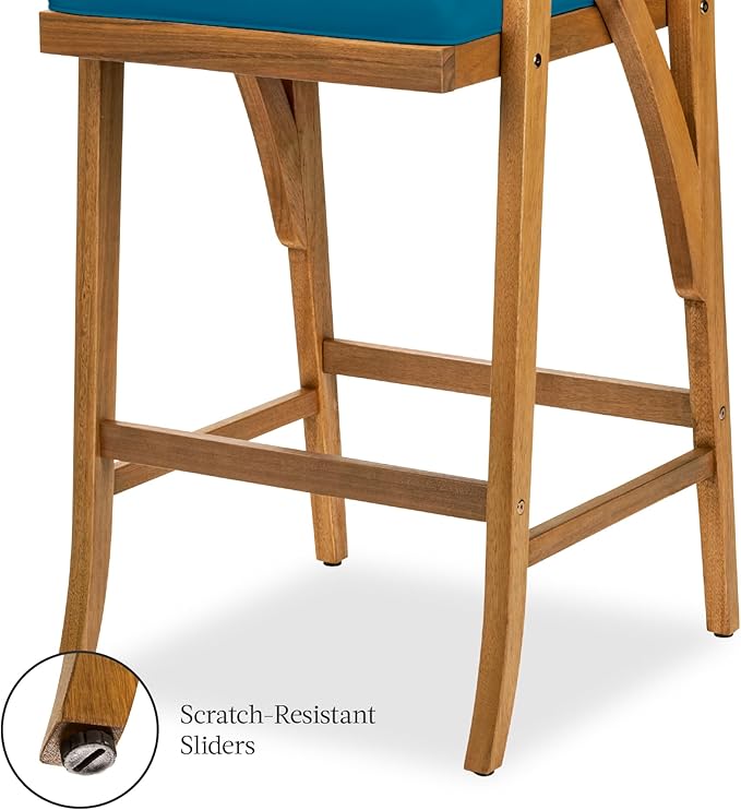 Best Choice Products Set of 2 Outdoor Acacia Wood Bar Stools Bar Chairs for Patio, Pool, Garden w/Weather-Resistant Cushions - Peacock Blue