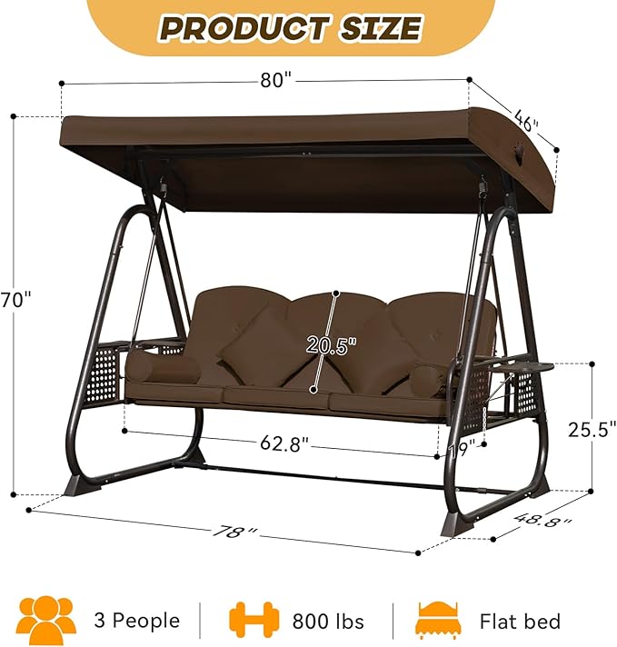 3 in 1 Outdoor Porch Swing with Adjustable Canopy, 3 Seat Outdoor Swing for Adults, Patio Swing Chair with Thickened Cushions,Pillows & Cup Holders for Backyard, Porch, Garden (Brown)
