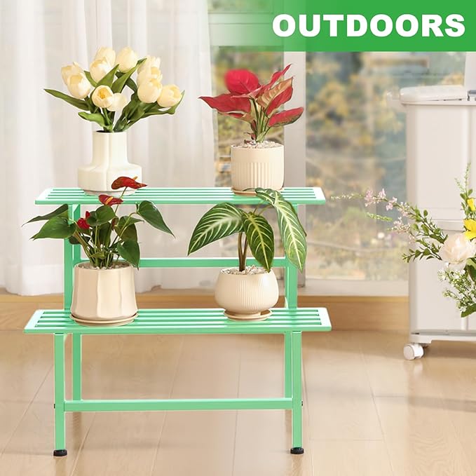 Metal Plant Stand Outdoor Plant Shelf Indoor,2 Tier Heavy Duty Ladder Plant Stands for Multiple Plants,26" L x 20.25" H x 17.75" W,Mint Green