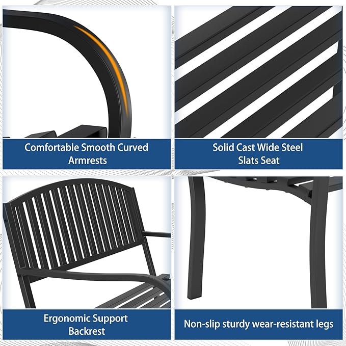 Outdoor Bench Garden Bench, Weatherproof Anti-Rust Heavy-Duty Outside Benches Clearance, Wrought Iron Metal Bench for Front Porch, Patio, Park