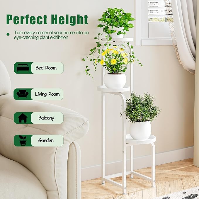 Plant Stand Indoor Outdoor 3 Tier Metal Plant Shelf for Multiple Plants Corner Flower Holders for Living Room Balcony Bedroom Patio Garden, Black (White, 3-Tier)