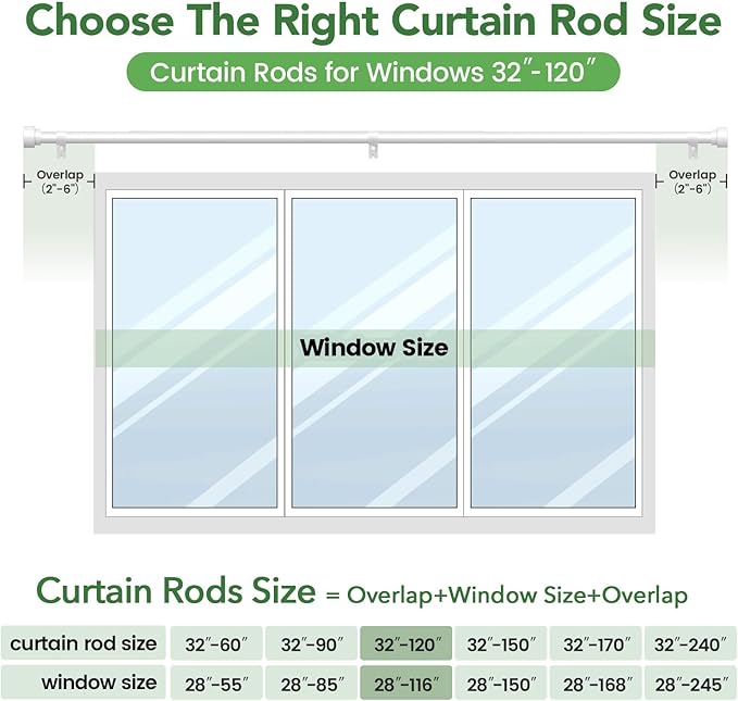 Curtain Rods for Windows 66 to 120, 1 Inch Adjustable White Extra Long Heavy Duty Curtain Rod, Modern Style Indoor Outdoor Window Drapery Rods with End Caps, Size 32" - 120"