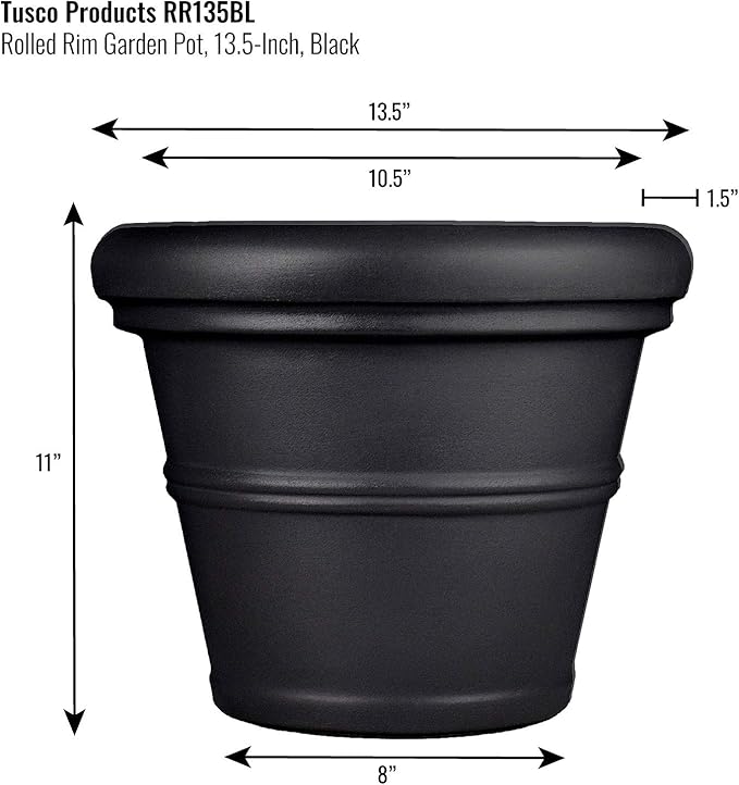 Tusco Products RR135BK Classic Rolled Rim Garden Planter, 13.5", Black
