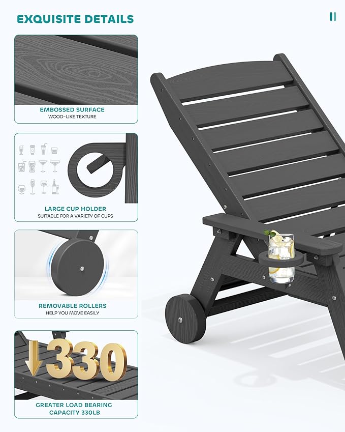SERWALL Patio Chaise Lounge Chair Set of 2, 78'' Long 5-Positions Adjustable HDPE Outdoor Lounger for Pool, Poly Lounge Chair with Rolling Wheels & Cup Holder for Poolside, Deck, Gray