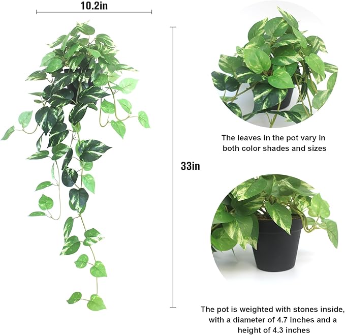 Fake Pothos Hanging Plants - 33" Set of 2 Artificial Silk Ivy Vines with Pots, Realistic Faux Greenery for Indoor Home Office Bathroom Decor, Low Maintenance Hanging Plant Decoration - Golden Green