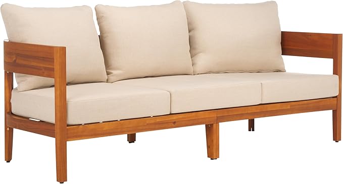 SAFAVIEH Outdoor Collection Theo Natural Teak Solid Wood/Taupe Cushion 3-Seater Sofa