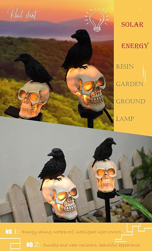 Outdoor Solar Lights, Crow Solar Lights Outdoor Waterproof Halloween Skull Light with Stakes Solar White Crow Light Garden Decor for Yard, Lawn