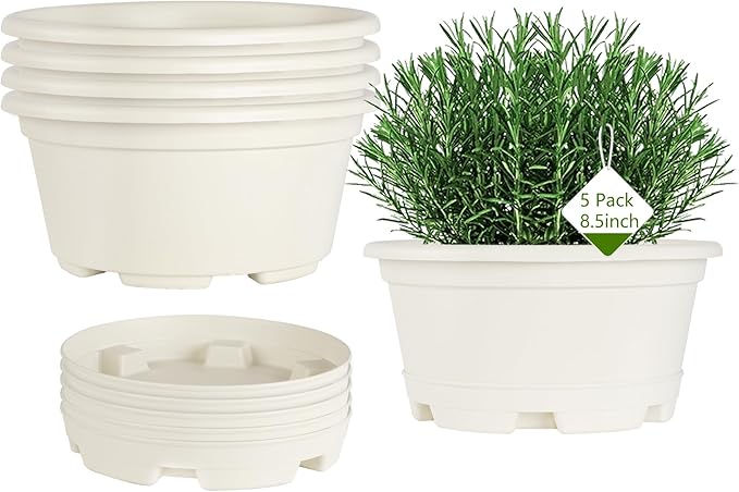 5 Pack 8.5 inch Plant Pot,Outdoor Flower Pots,Plastic pots for Plants Indoor with Drainage Holes and Trays, Decorative Garden Containers Sets for Houseplants