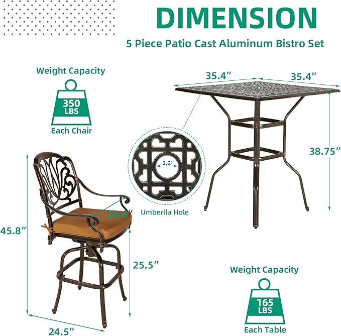 VIVIJASON 5-Piece Bar Height Patio Dining Set, All Weather Cast Aluminum Outdoor Table and Chairs Set with 4 Swivel Bar Stools, Cushions & 35.4" High Bar Table w/Umbrella Hole for Deck, Lawn, Garden