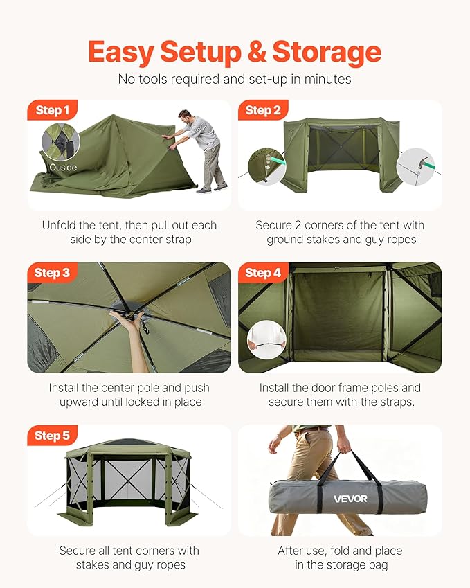 VEVOR Pop up Gazebo Screen Tent, 10 x 10 ft Large 6-Sided Camping Canopy Tent with Removable Top & Carry Bag, Quick-Set & Bite-Proof, Screen House Sun Shelter for 6-8 Persons Backyard Patio, Green