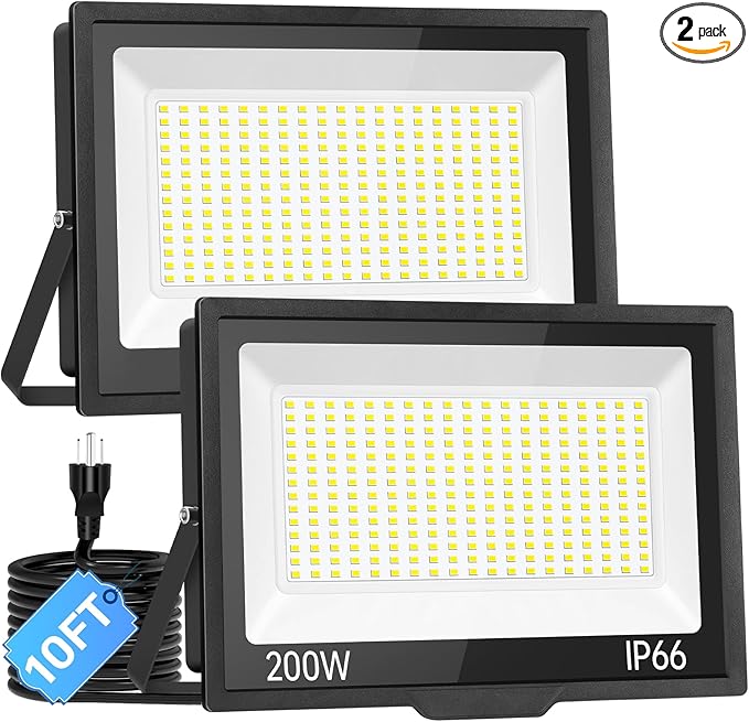 200W LED Flood Light Outdoor with Plug+10ft Wire, 24000Lm Super Brighter Security Light, IP66 Waterproof LED Worklight, 5000K Daylight White Exterior Floodlight for Yard Garden Garage Stadium(2 Pack)