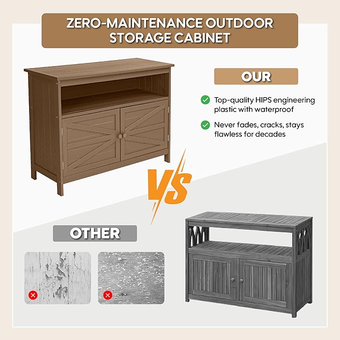 HIPS All-Weather Outdoor Storage Cabinet,Outdoor Sideboard with Magnetic Doors,3-Shelves Patio Storage Cabinet, Used for Garden,Buffet Cabinet,TV Stand, Bar Table,Balcony