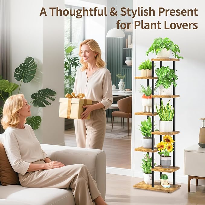LASZOLA Black 7 Tiered Wood Plant Stand Indoor for Larger Heavy Duty Planter, Sturdy Multi Level Vertical Flowers Racks for Narrow Inside Floor, Decorate Shelving for Hold House Tree, Space Saving